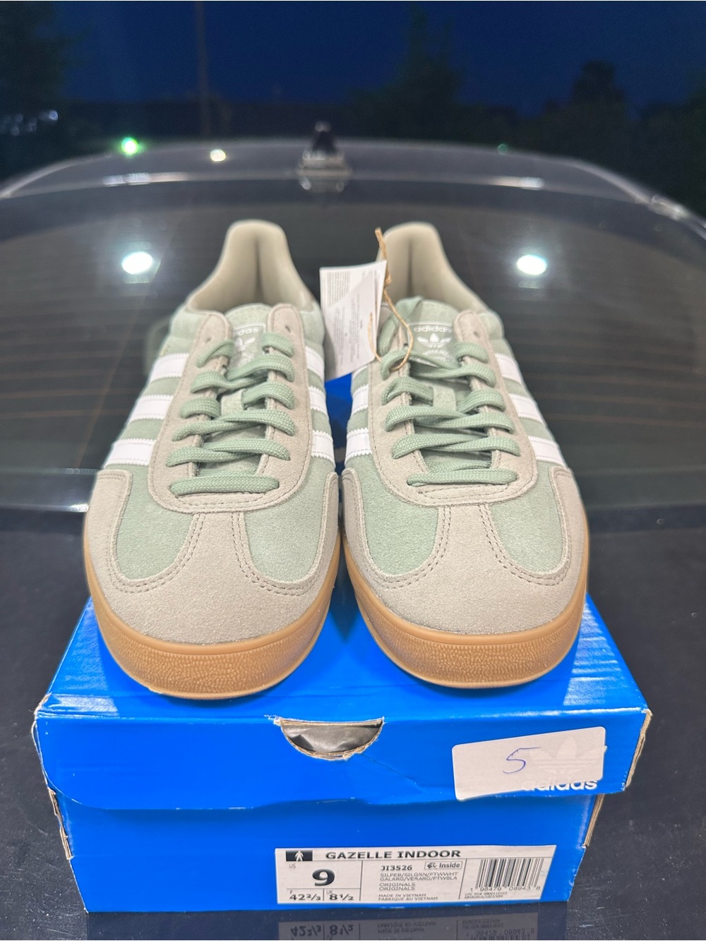 Adidas Gazelle Indoor Men's Sneakers in Sage Green and White with Gum Sole - Picture 2 of 5